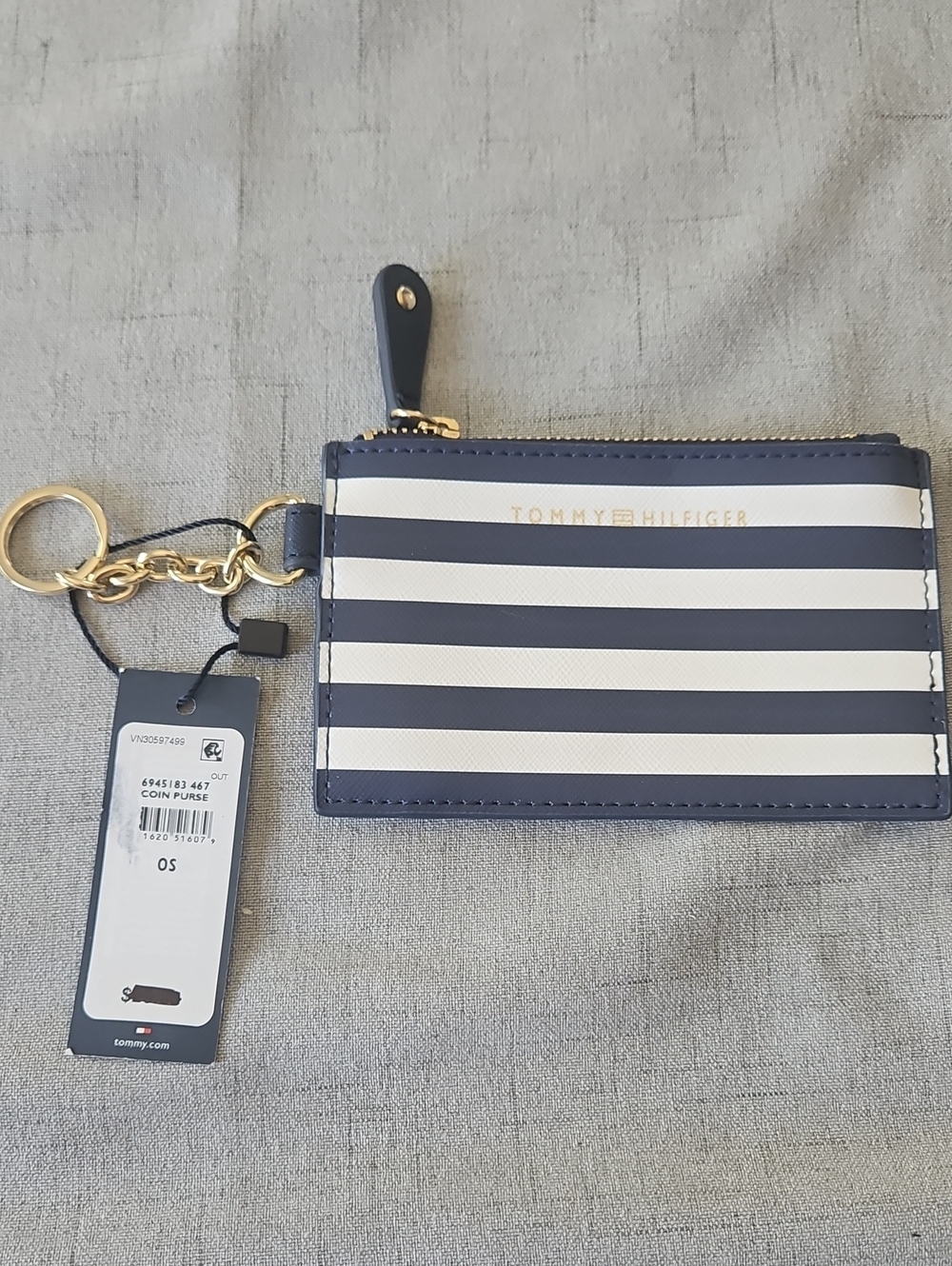 Tommy Hilfiger Navy & White Striped Card Holder with Gold Key Ring